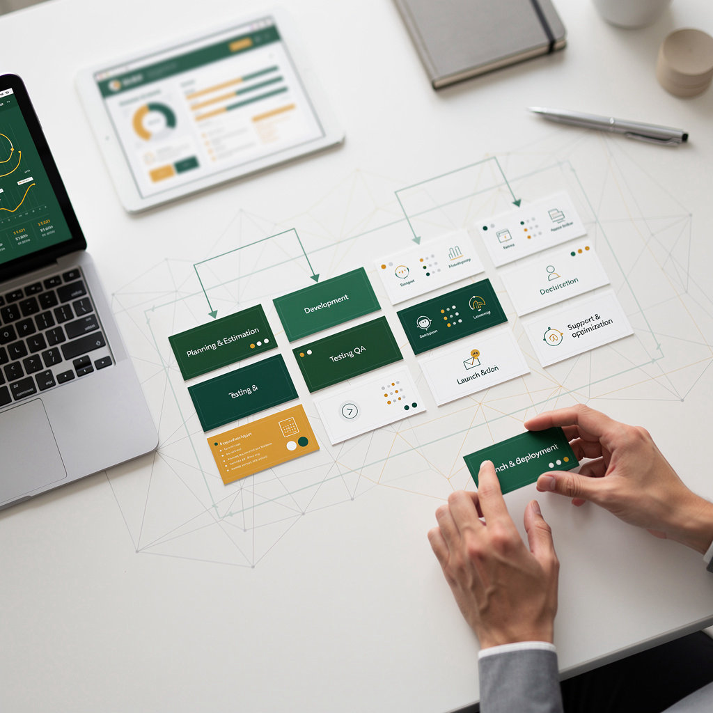 create an ai app development process showing planning, development, testing, launch, and support phases